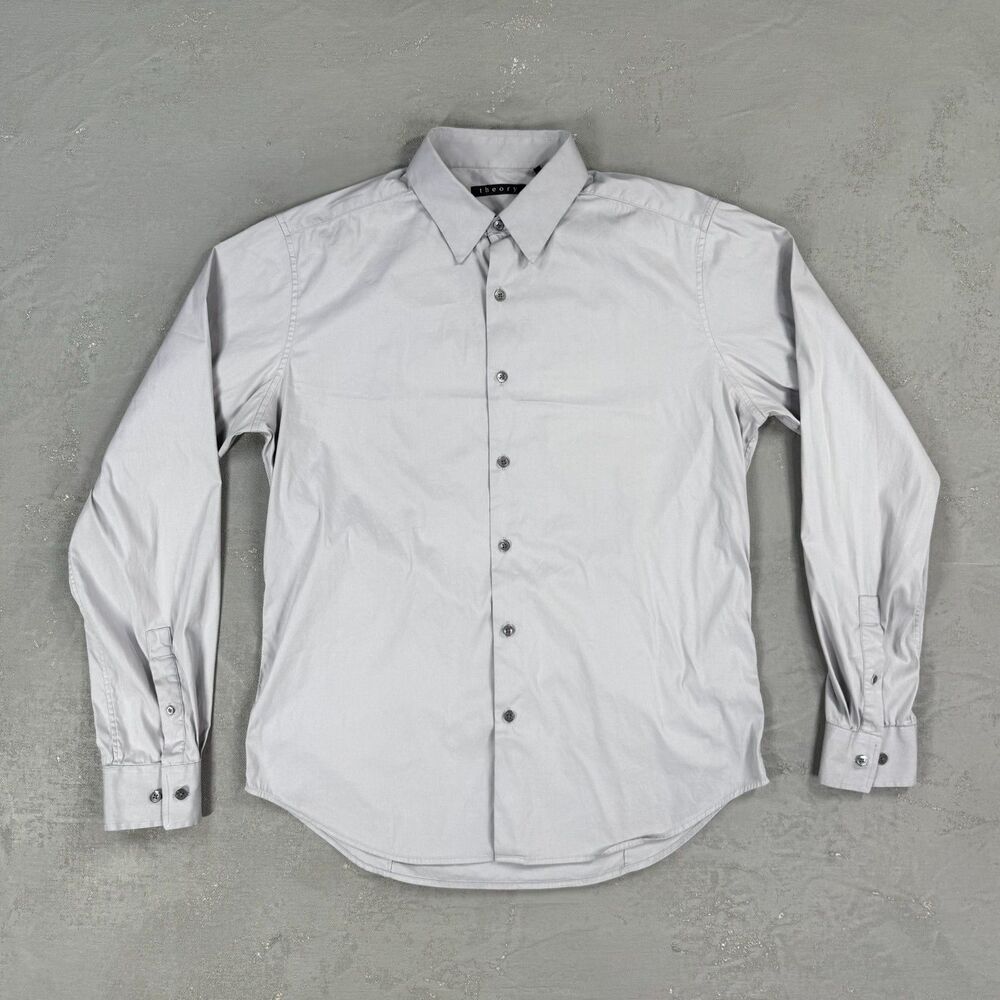 Theory Sylvain Wealth Gray Stretch Poplin Button Up Shirt Men's Medium
